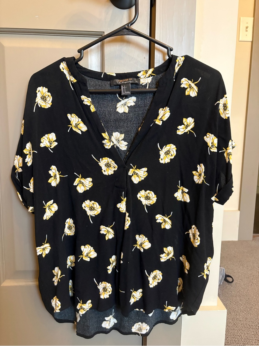 Forever 21 Black V-Neck Blouse with Yellow Floral Print